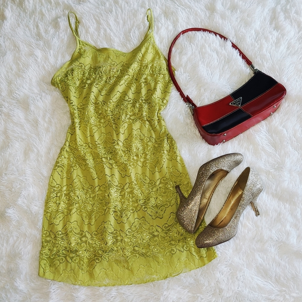 La Vie En Rose || Sheer Lacey Babydoll Slip Dress, Large, Lime Green